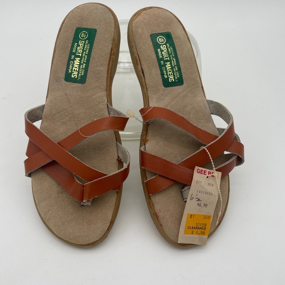 NWT Sport Makers Brown Leather CrissCross Straps Flat Vintage NOS Sandal 6.5